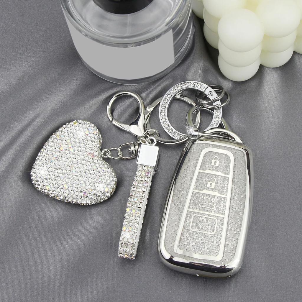 Key Fob Cover with Diamond Keychain Car Key Holder Compatible with Toyota 2018-2024 Highlander RAV4 Camry Avalon C-HR Corolla GT86 Smart Key