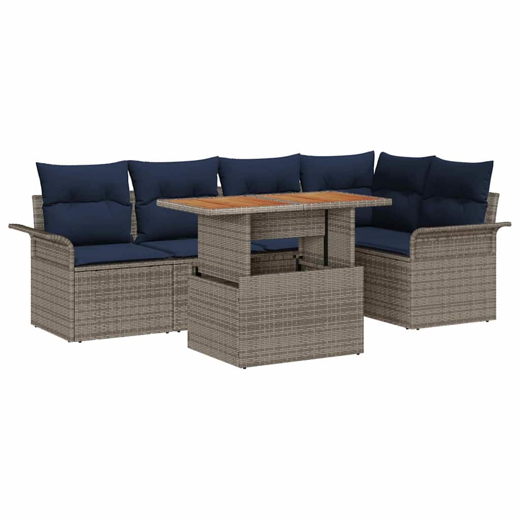 Garden Sofa Set with Cushions 6 Pcs Grey and Navy Blue Poly Rattan