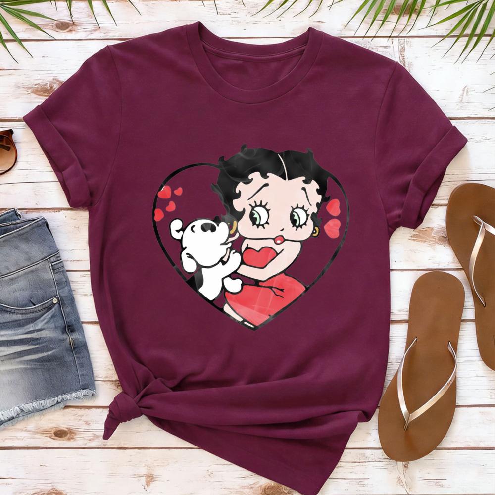 Betty Boop with Pudgy Dog Shirt Vintage Women Summer Cotton Short Sleeve Retro Cartoon Girl Graphic Printed Casual Daily Outfit