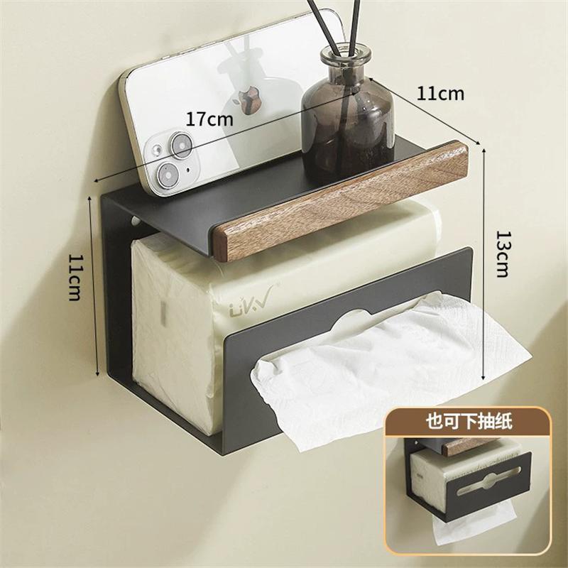 Wood Aluminum Bathroom Paper Holder with Shelf Bathroom Paper roll Holder Wall Mounted Towel Rack Toilet Paper Holder Tissue Box