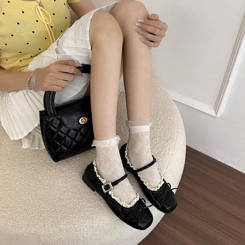 2025 Women's Mary Jane Shoes Ballet Flats Female Bow Pu Leather Shoes Round Toe Flat Women Plus Size Shallow Mouth Shoes