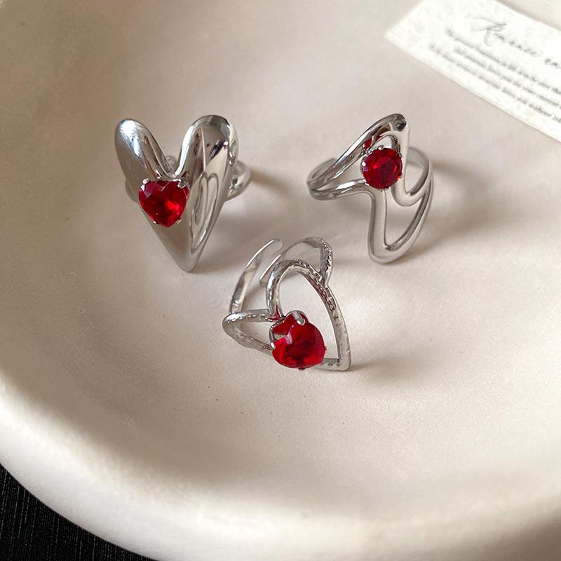 Red Zircon Smooth Heart-Shaped Open Ring Simple  Finger Rings Jewelry For Women