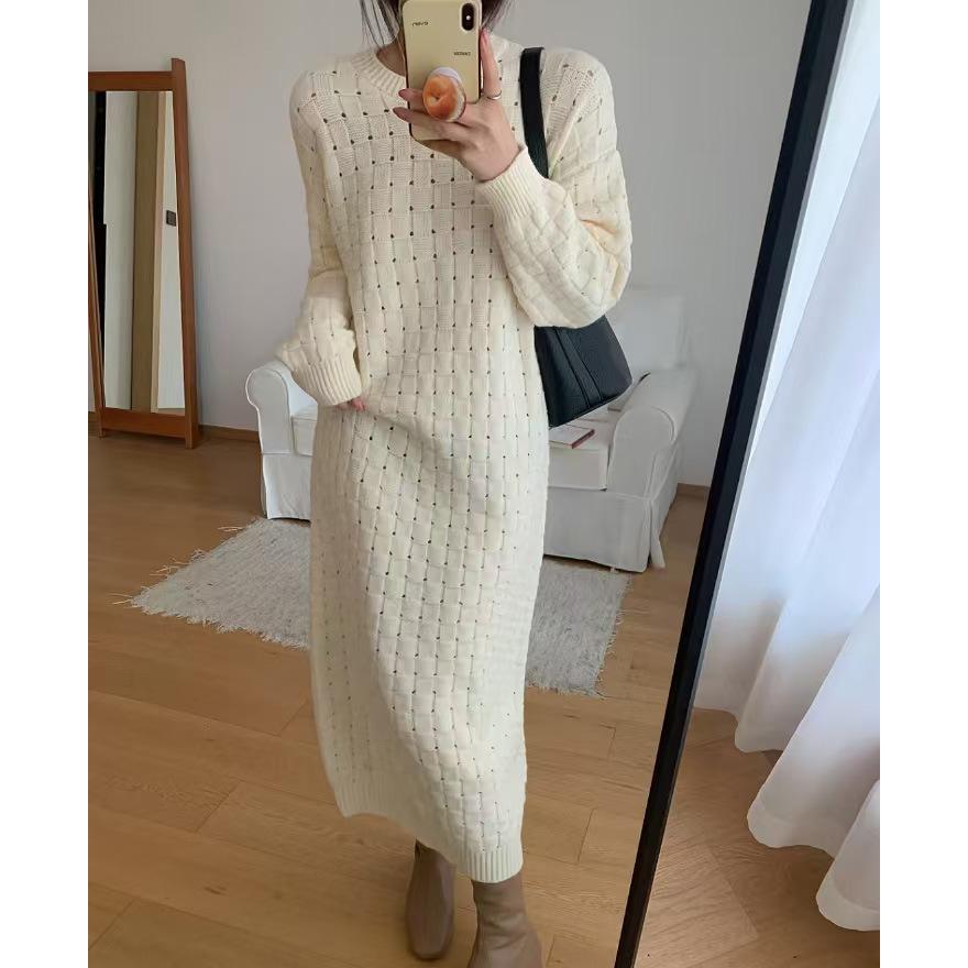 Crew Neck Plaid Solid Color Sweater Long Dress Women's Loose and Lazy Autumn and Winter New Knitted Bottoming Dress