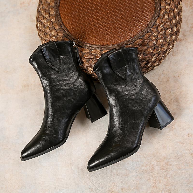Mote Støvletter med Tykk Hæl for Kvinner Høst Nye Spiss Tå Erme Bakglidelås Temperament Komfortable Høye Hæler