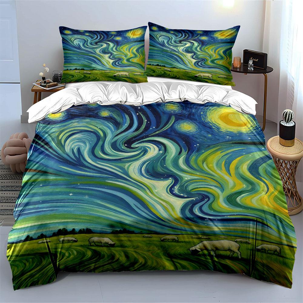 Swirling Sky, Grazing Sheep. Bedding Sets Duvet Cover Sets Duvet Covers Pillowcases(1 * Duvet Cover 2 * Pillowcases, Without Duvet Insert)