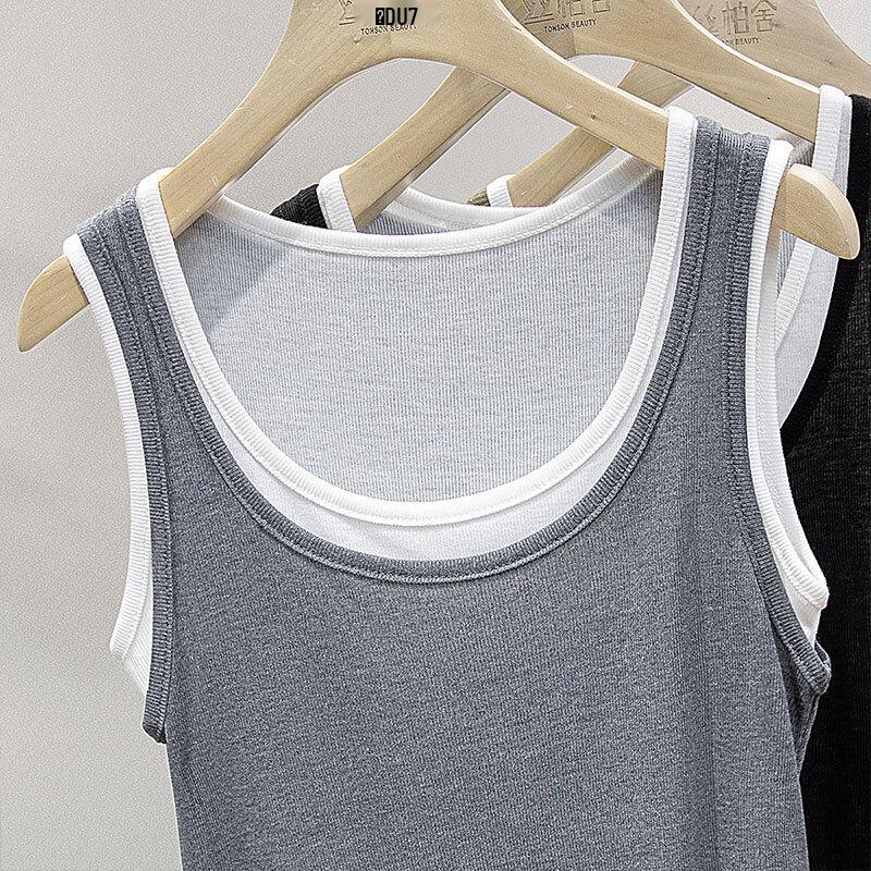 Sibaishe Women's Color Block Fake Two-Piece Tank Top