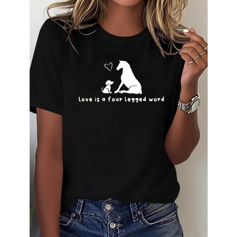 Women s  Love Is a Four Legged Word  Dog Lover T-Shirt - Short Sleeve Crew Neck Casual Top with Pet-Themed Print, Spring Summer Blouse Outfit S чёрный
