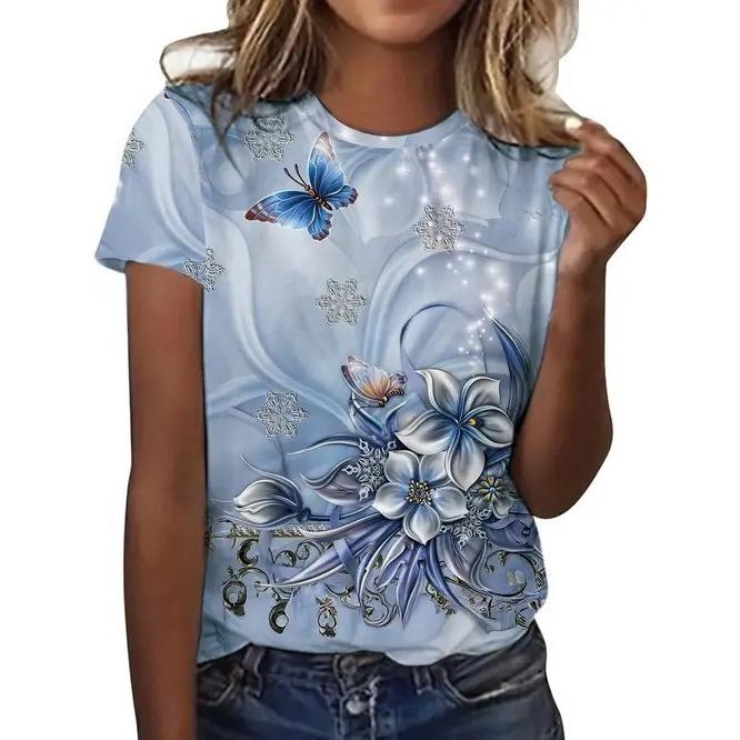 Summer Elegant Temperament Retro 3D Flower Pattern Printed Round Neck Short Sleeved Women's T-shirts