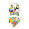 2024 European & American Deep V Halter Bikini Set – Stylish Pattern Print Swimsuit for Women