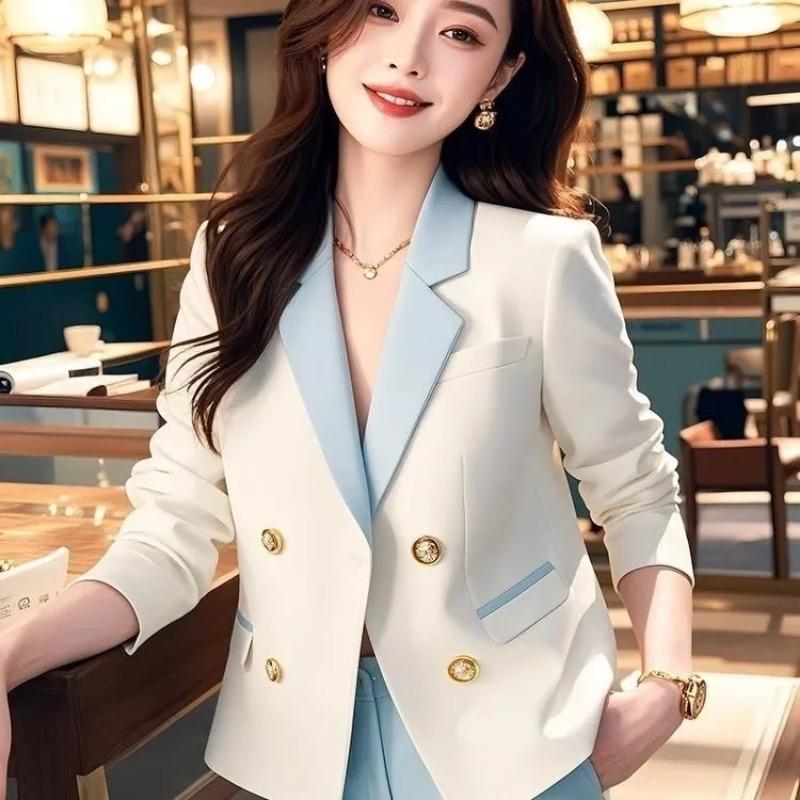 

Women White Blazer with Blue Lapel Contrast Trim Double Breasted Slim Fit Casual Suit Jacket S бежевый