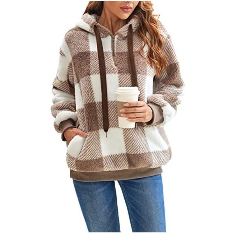 Damen S Langarm Kapuzen Plüsch Kariert Pullover Sweatshirt