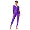 Womens Sparkle Rhinestone Dance Gymnastics Leotard Mock Neck Long Sleeve Long Pants Jumpsuit