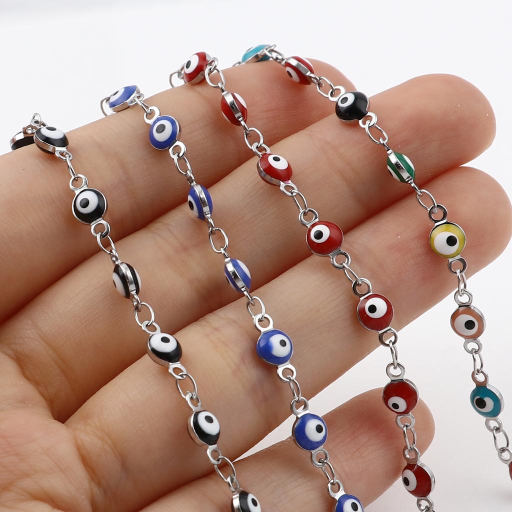 Stainless Steel Bracelets Round Evil Eye Enamel Jewelry Silver Color Hand Turkish Jewelry Bangle Boho Women Bracelet 19.5cm Long