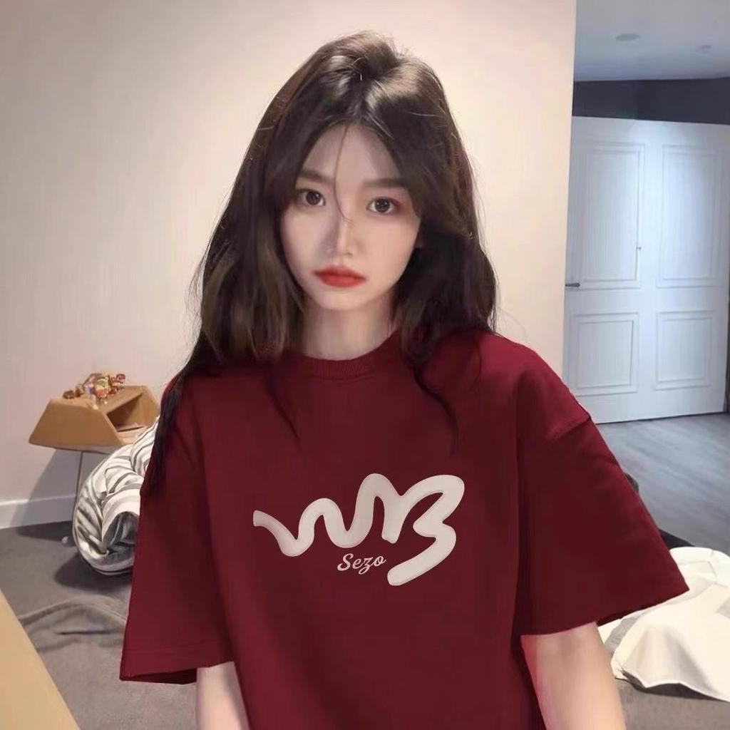 Burgundy Print Korean Style Casual Loose Short Sleeve T-Shirt