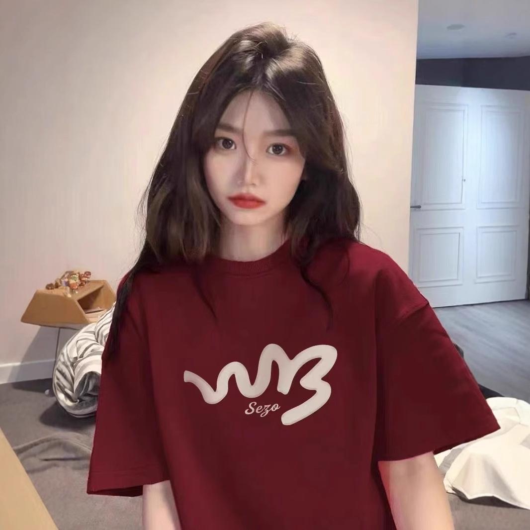 

Burgundy Print Korean Style Casual Loose Short Sleeve T-Shirt M