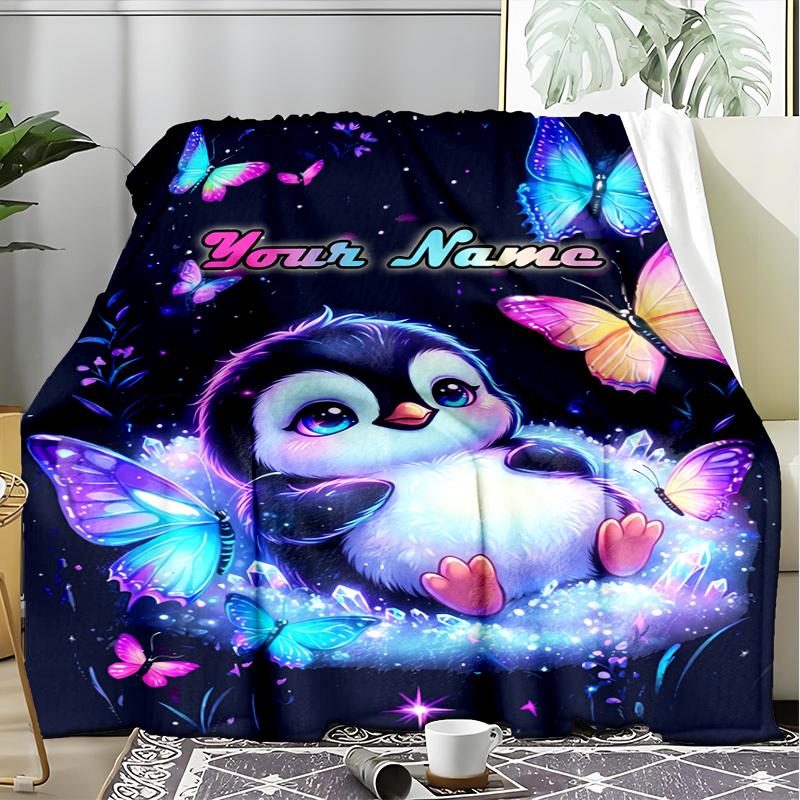 1PC Custom Name Penguin Butterflies Fantasy outdooor Flannel blankets Throw Blanket All-Season Throw Gift Bedspread for Couch, Bed, Camping Holiday Bi