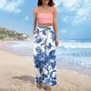 Women's Wide Leg Pants With Elastic Waistband Printing Large Pockets Patchwork Edge, Loose Pants