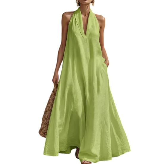 

Summer Maxi Dress for Women Casual Sleeveless Halter V Neck Lapel Long Dress Beach Vacation Flowy Sundress with Pockets XXXL светло-зеленый