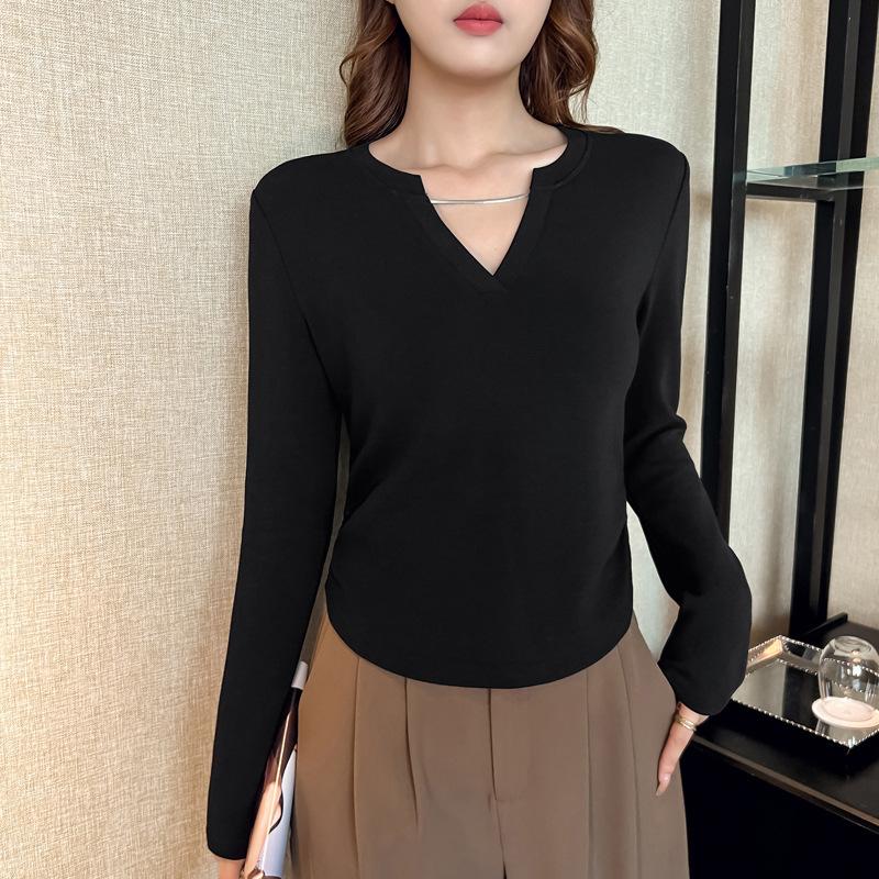 Jarní a podzimní halenka s výstřihem do V Krátký Pohodlný ležérní top s dlouhým rukávem