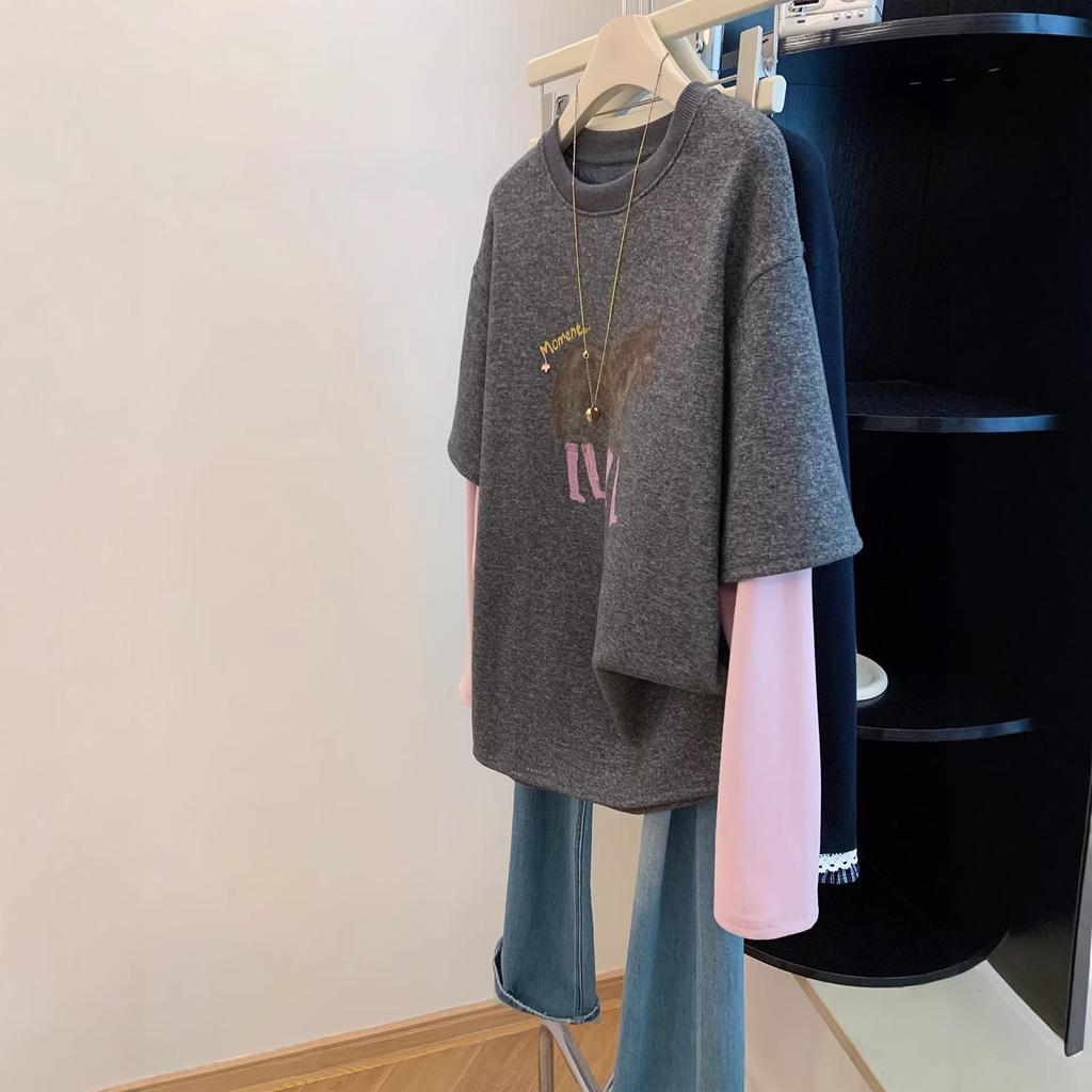 Plus Size 200 Jin Little Horse Color Block Plush Long Sleeve Faux Two-Piece Women's Loose Top for Autumn/Winter