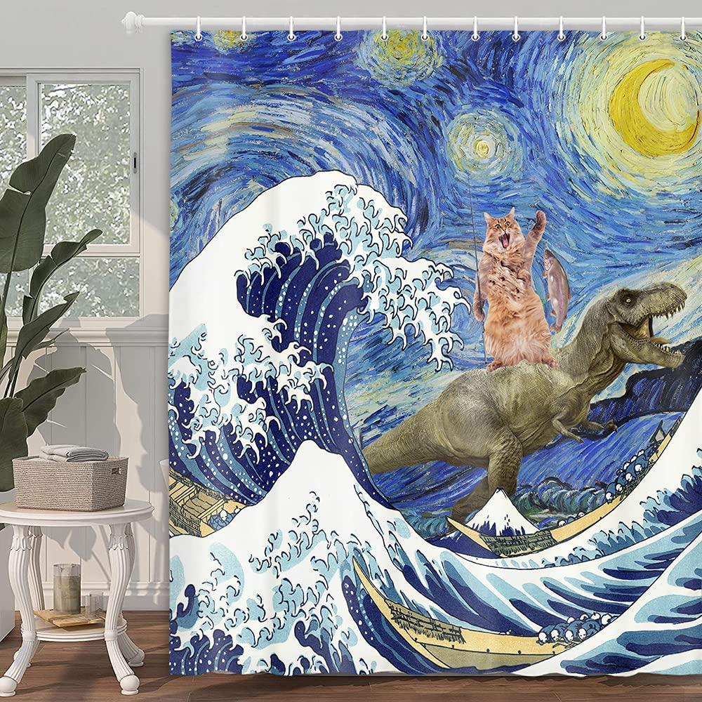 Funny Dinosaur And Cat In Japanese Kanagawa Waves Shower Curtain Waterproof Fabric Hilarious Bathroom Curtain With 12 Hooks