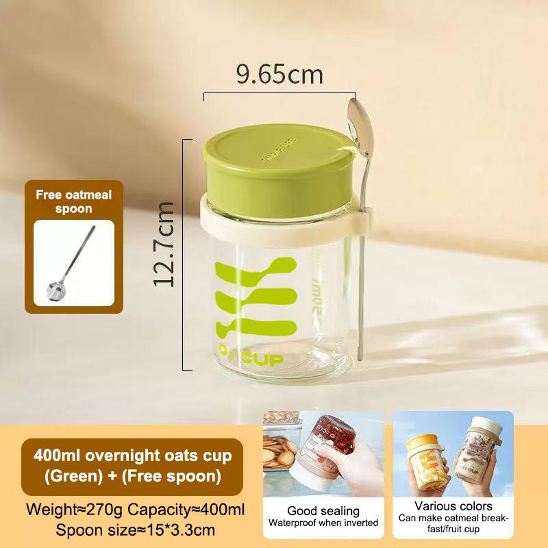 400ML Overnight Oats Glass Cup With Lid & Spoon Food Grade Sealed Leakproof for Breakfast Yogurt Meal Prep Gifting