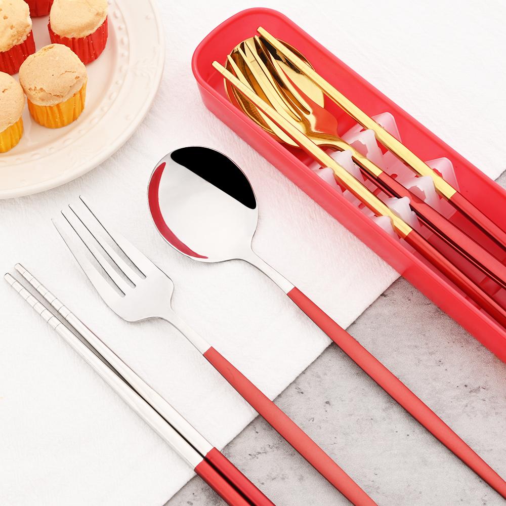 Gold Geschirr Set Reise Camping Besteck Gabel Löffel Stäbchen Set Geschirr Mit Tragbare Box Edelstahl Besteck Set