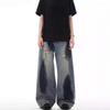 Mens Relaxed Wide Leg Denim Pants With Fringe Patchwork Design Vintage Streetwear Style