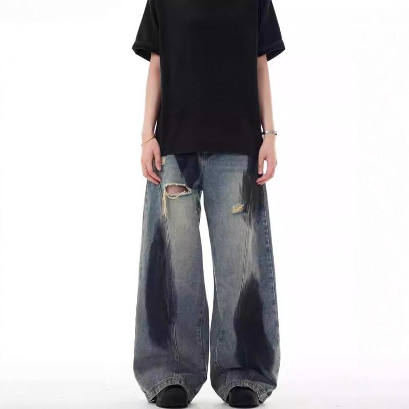 Mens Relaxed Wide Leg Denim Pants With Fringe Patchwork Design Vintage Streetwear Style