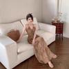 New Chinese-style neck sling v-neck dress women's summer backless waist sexy long dress pure desire coffee color a-word skirt