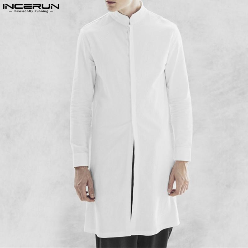 INCERUN Vintage Men Long Sleeve Solid Color Button Up Stand Collar Long Shirts