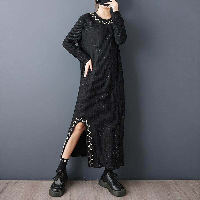 Rochie tricotată neagră vintage mărime plus cu mânecă lungă nouă în rochii pentru femei casual largă de primăvară toamnă iarnă