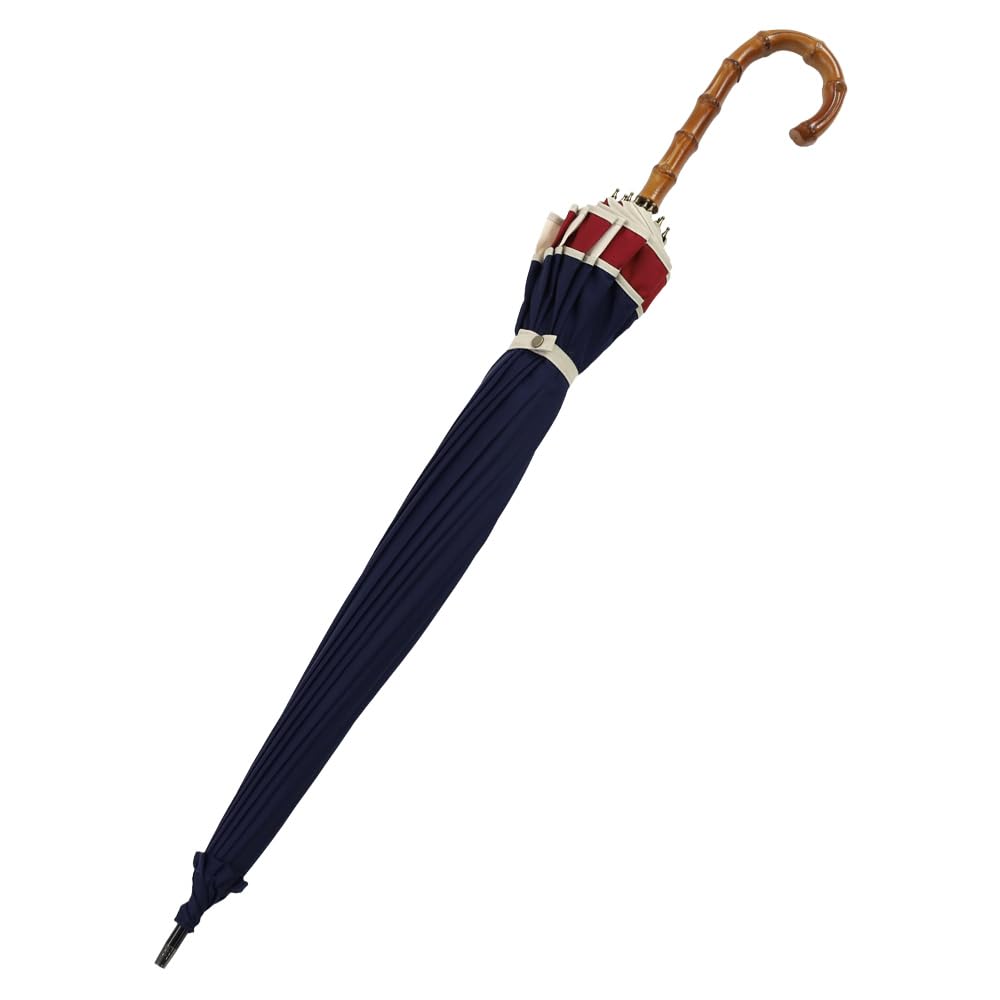 Long Umbrella with Bamboo Large Tricolor Stylish Kyoto Style Women's 16-rib Handle, Piping, Japanese-style Umbrella, (navy)