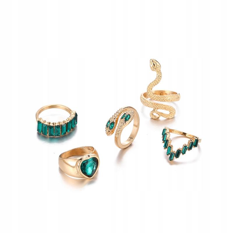 Set Of 5 Golden Rings Retro Punk Vintage Snake Heart Green