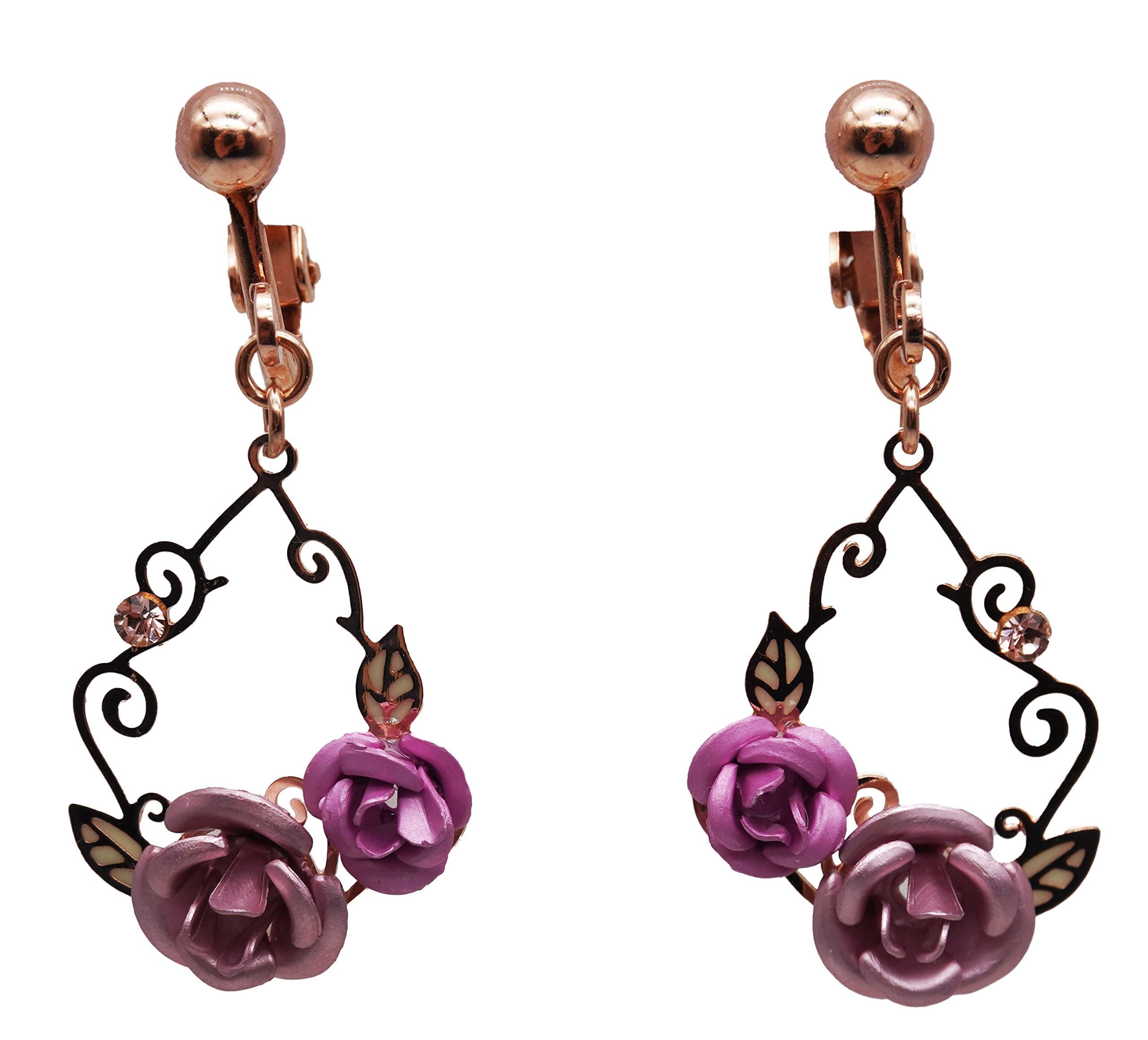 

Earrings with large and small aluminum roses and diamond beads (purple, earrings)