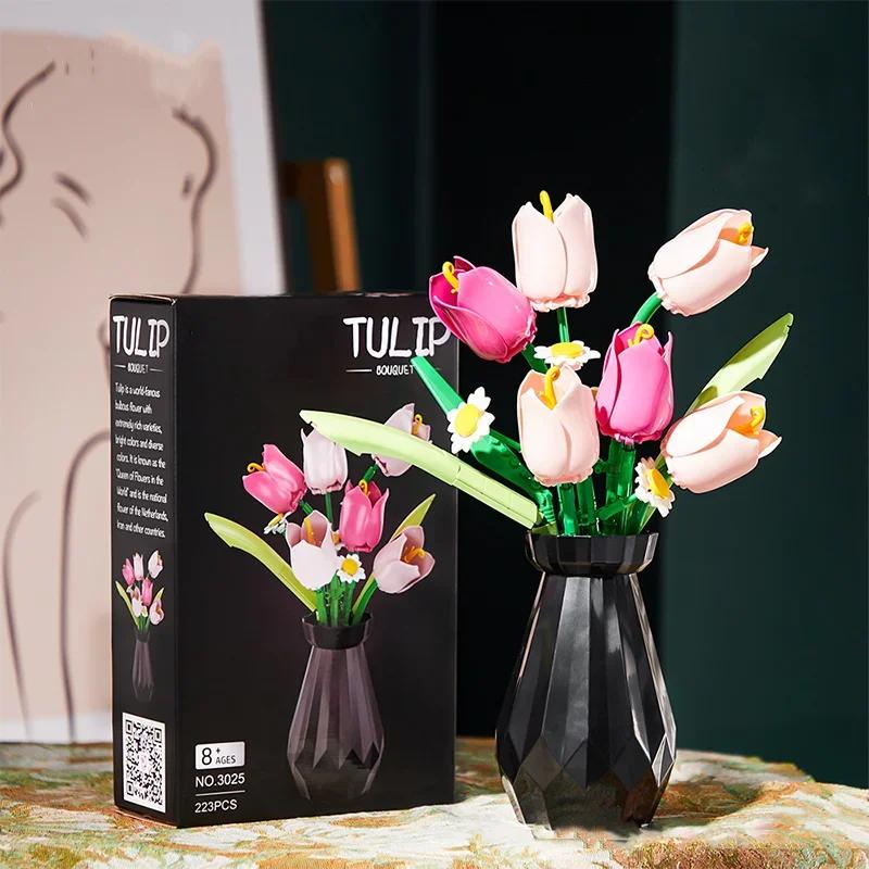 Růžové tulipány Květina Model Stavebnice 3D Kytice Kostky DIY Dětské Hračky Domácí Dekorace Dospělý Pro Dívky Sváteční Dárky
