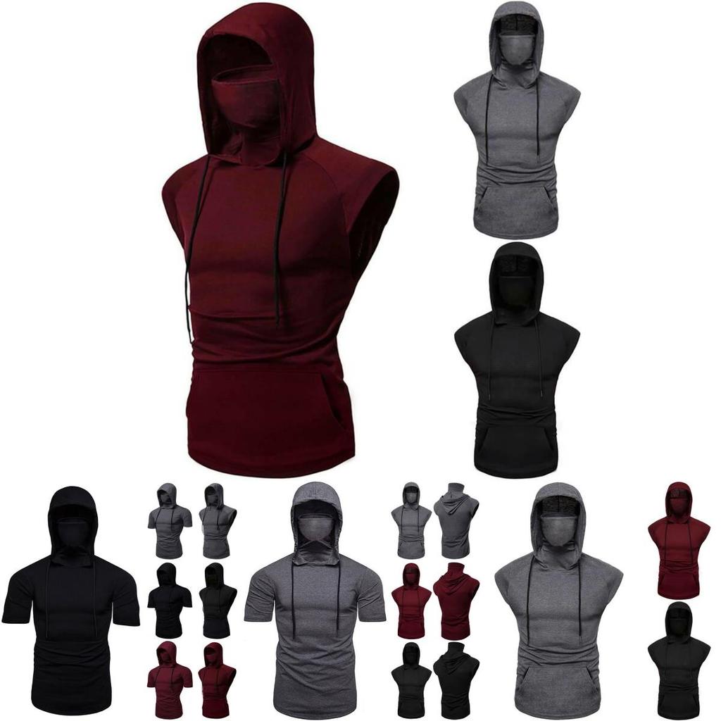Stylish Men's Hooded Pullover T Shirt Tank Top With Protective Mask For Active Wear