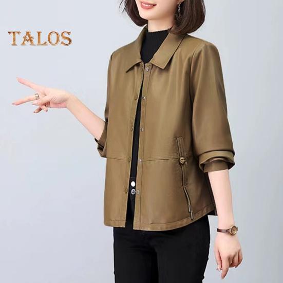 Damenjacke Kunstleder Glatte Oberfläche Umlegekragen Einreihig Taschen Lange Ärmel Retro Motorradmantel Übergröße Reiseoberbekleidung