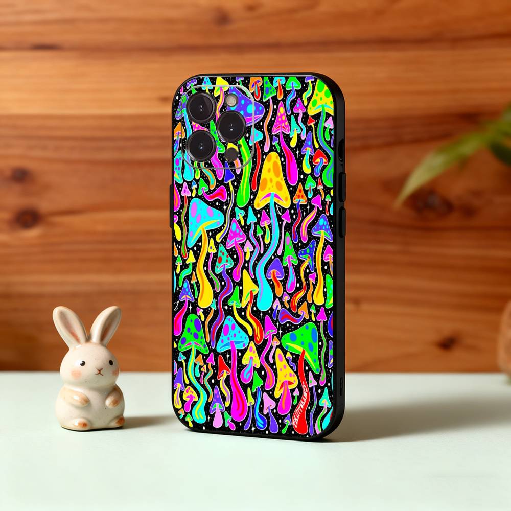 P-Psychedelic C-Colored M-Mushroom Phone Case For iPhone17,16,15,14,13,12Plus,Pro Max,XS,5G Soft Silicone Black Cover
