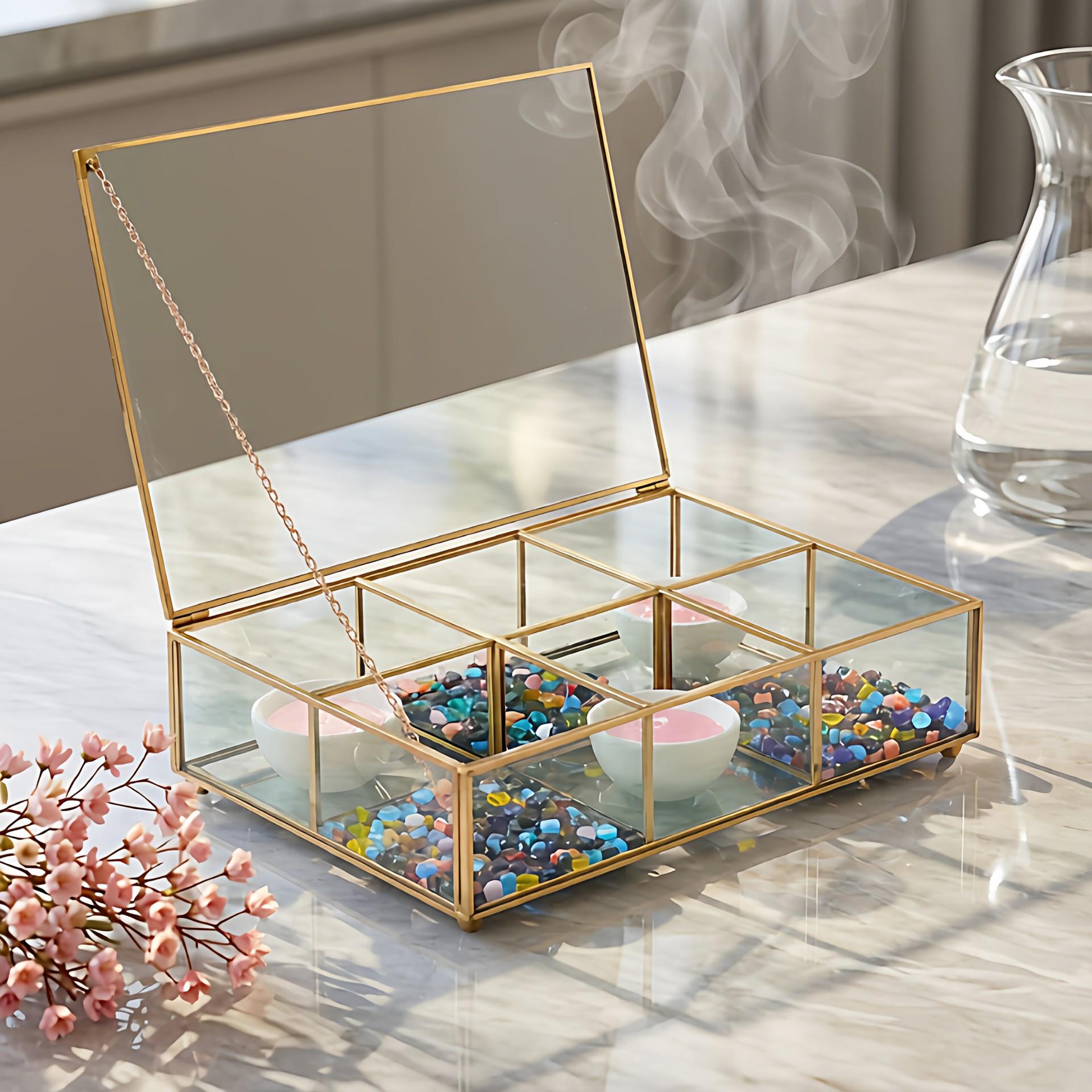 

Six-Compartment Glass Storage Box with Copper Frame for Large and Small Items 23*16*6cm