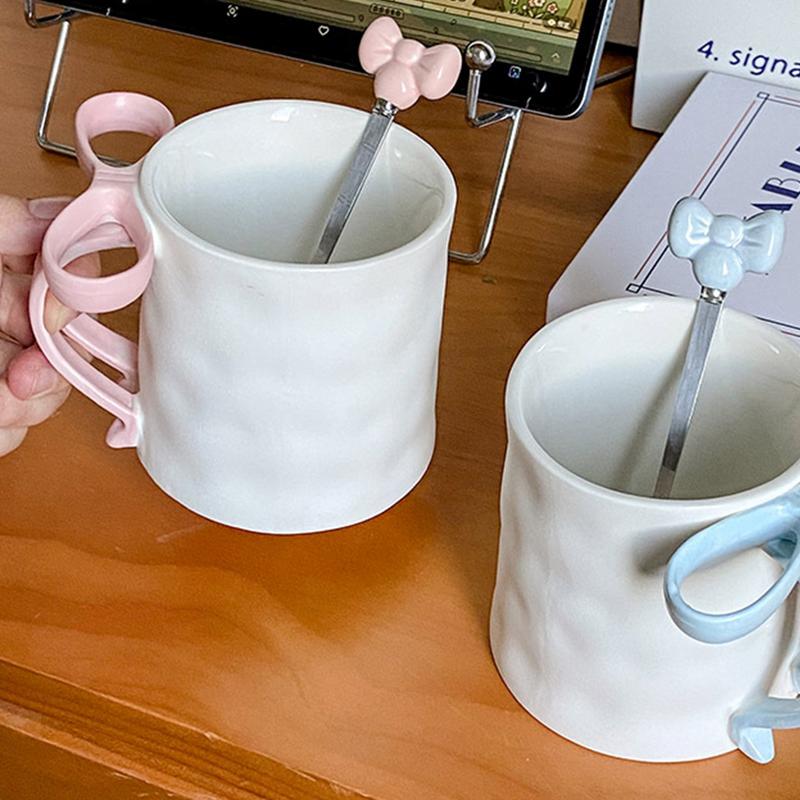500ml Ceative Ceramics Cup with Pink Bow Handle Decor Cute Lovely Coffee Mug Breakfast Milk Cup Tea Coffee Cup Drinking Utensils