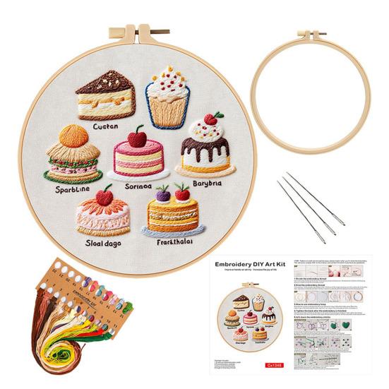 1 Set Cake Embroidery Kit with Hoop Threads Needles Pre-Stamped Dessert Cross Stitch Craft