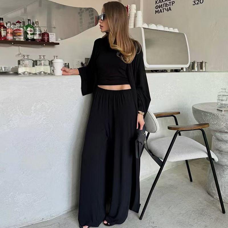 

Western Style New Robe cardigan Long sleeve Top Trousers Three-Piece Loose Three Pieces Set Black S