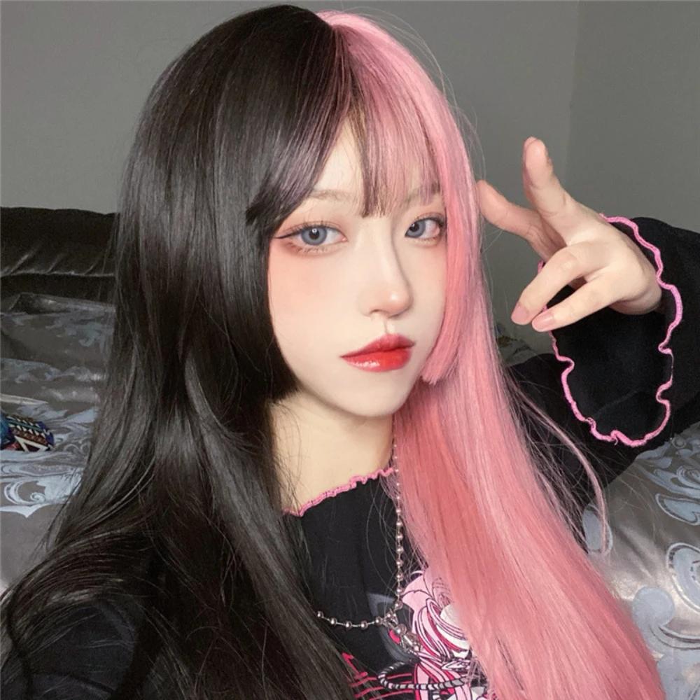 Long Straight Cosplay Synthetic Wig Women Costume Party Black pink Ombre Heat Resistant Synthetic Hair WigsPrincess cuts bangs