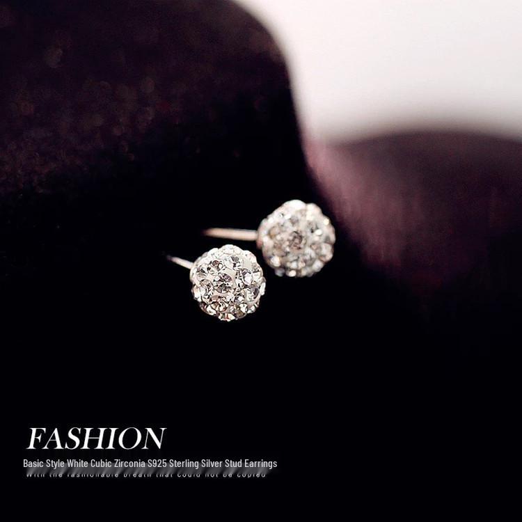 Korean White Rhinestone Ball S925 Sterling Silver Women's Stud Earrings