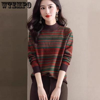 Dames Trui Herfst en Winter Casual Lange Mouw Halfhoge Col Streep Gebreide Trui Gecombineerd met Een Losse Pullover