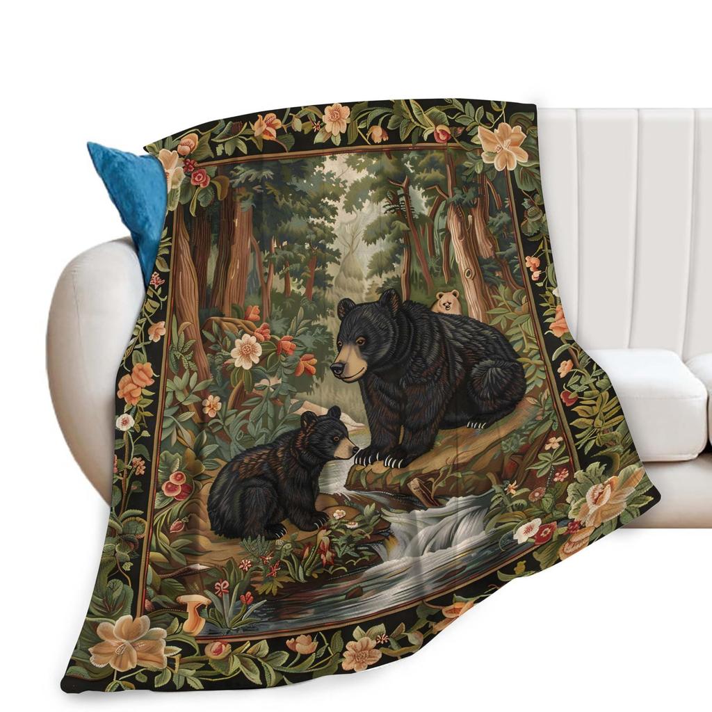 Painted Forest Bear digital-printed polyester Bedroom velvet flannel cover blanket Fleece soft sofa cover blankets for beds