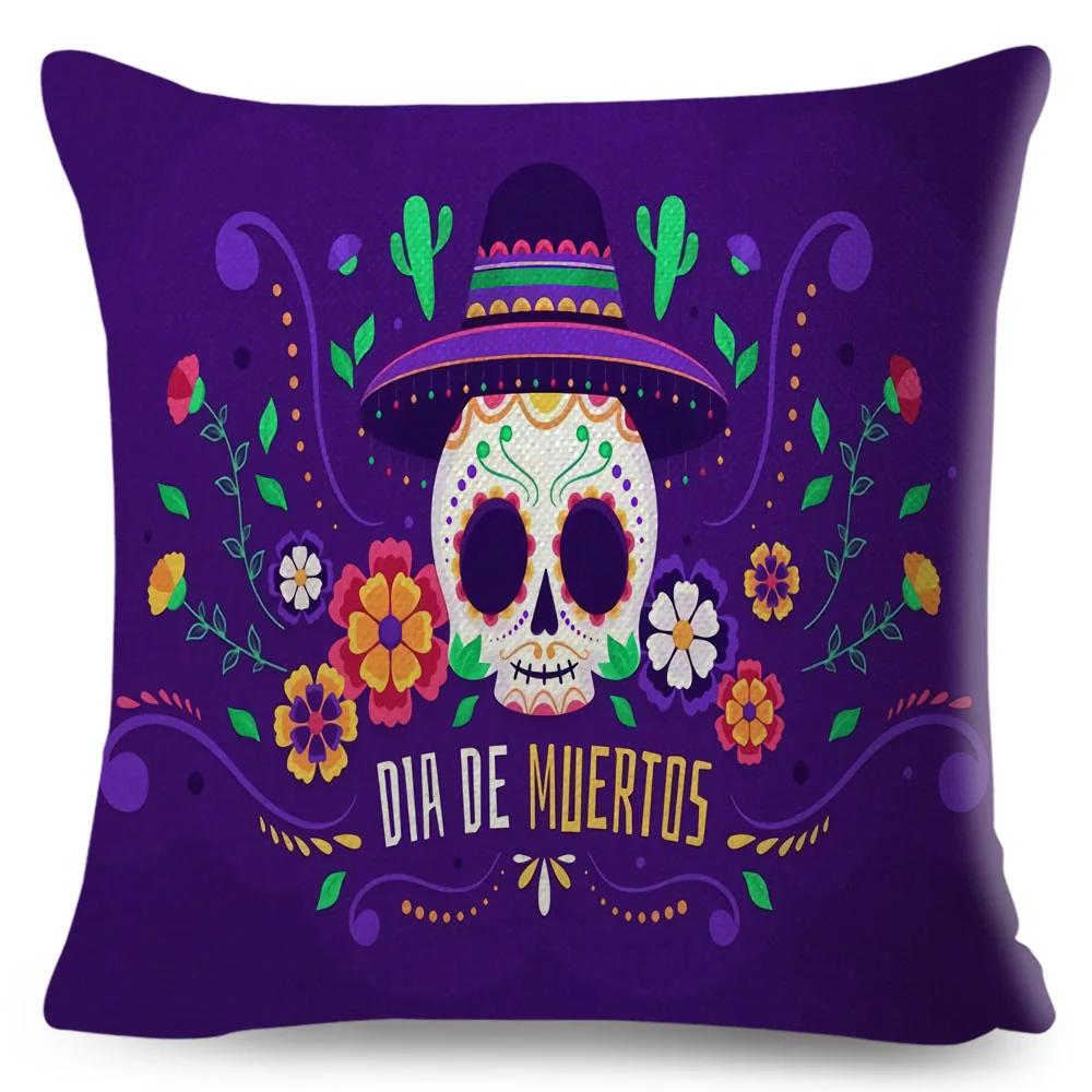 Day Of The Dead Pillowcase Decor Cartoon Mexico Flower Skull Print Cushion Cover for Sofa Home Polyester Pillow Case 45x45cm