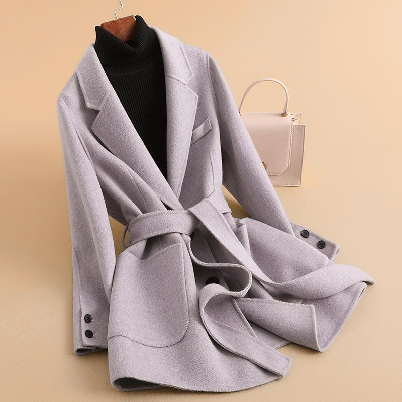 Autumn new wool coat women's fashion double-sided woolen coat lace-up medium and long coat coat