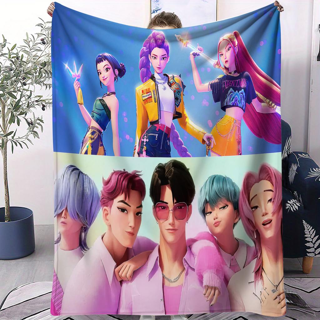 K-Pop Hot Anime Rumi & Jinu Cute CP Rujinu Print Fleece Blanket for Adult Quality Soft Warm Cozy Blanket for Travel Office Home